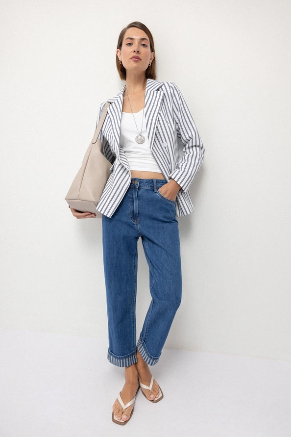 Jeans Cropped com Bainha Contrastante em Listras - Lanidor