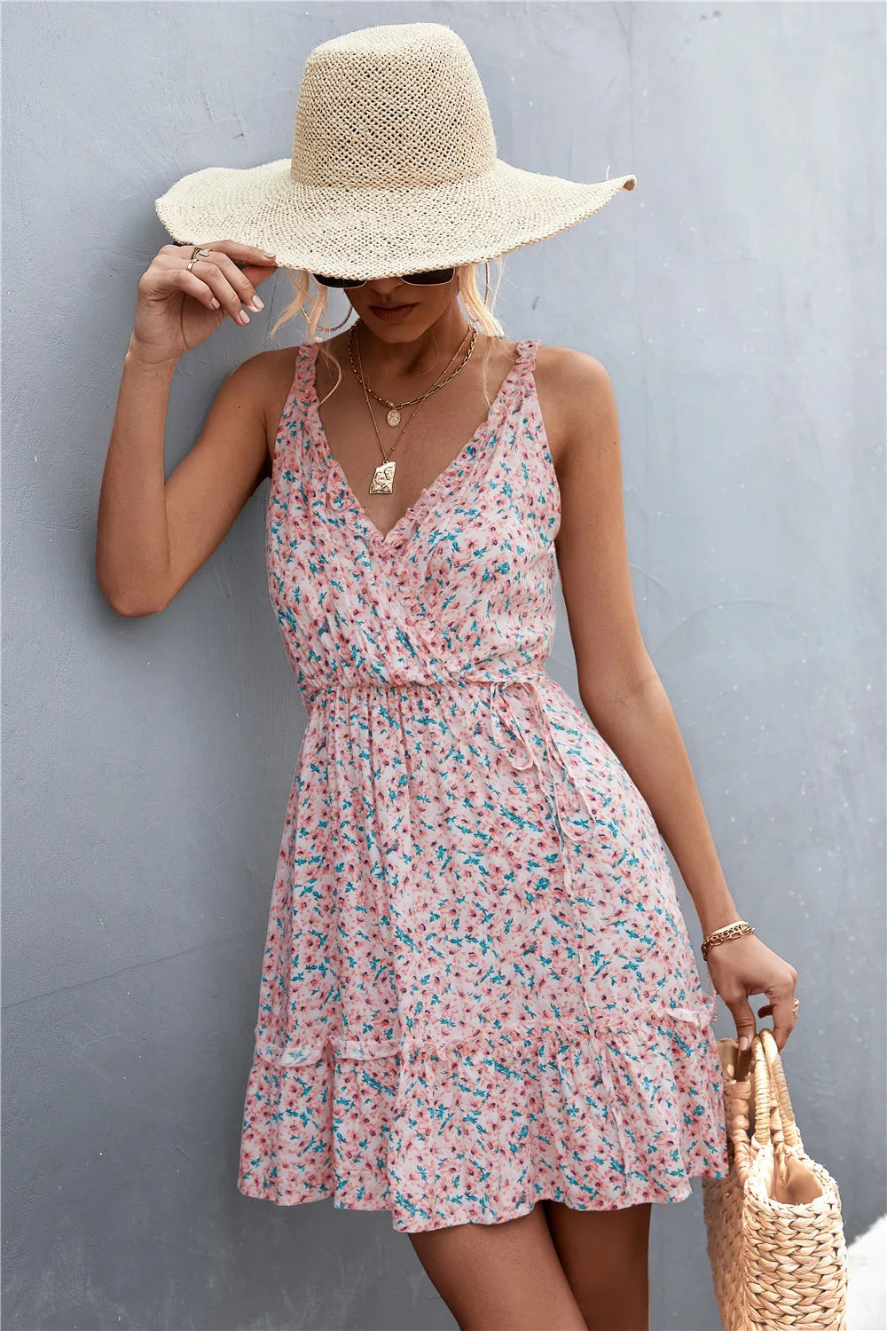 Summer Boho Floral Dress Women v Neck Ruffle Short