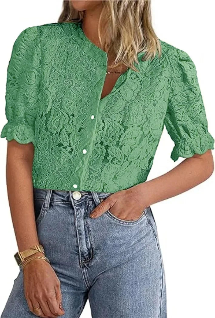 Camisa de Renda com Botões e Manga Balão