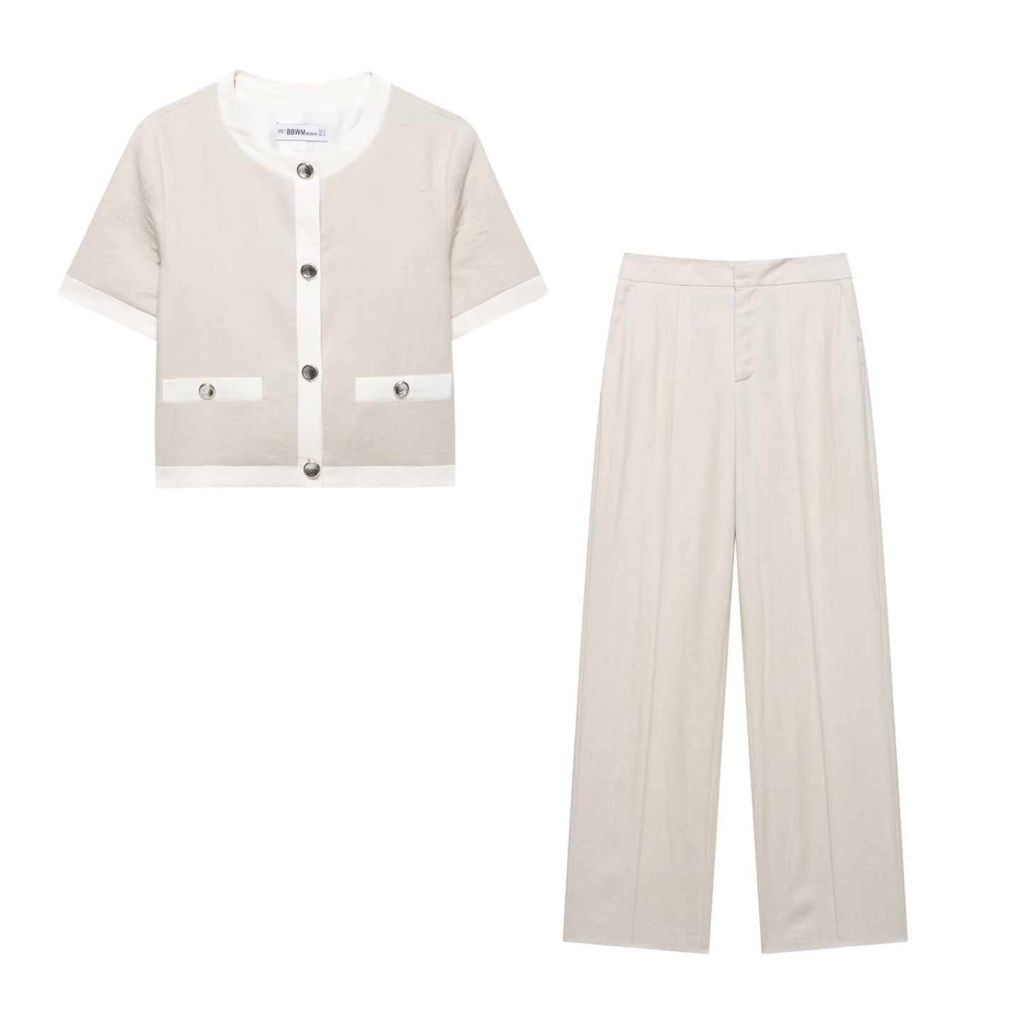 Conjunto de Blazer de Manga Curta e Calças em Linho