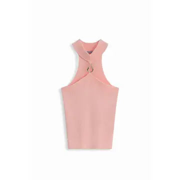 Top de Malha Canelada Rosa com Decote Halter e Fivela Metálica