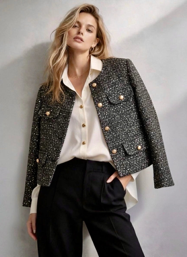 Casaco de Tweed de Inspiração Parisiense com Botões Esculpidos