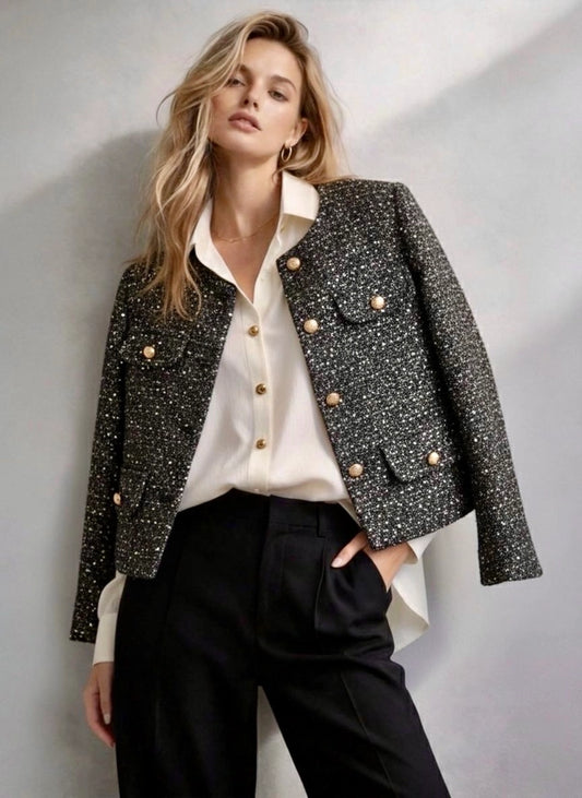 Casaco de Tweed de Inspiração Parisiense com Botões Esculpidos