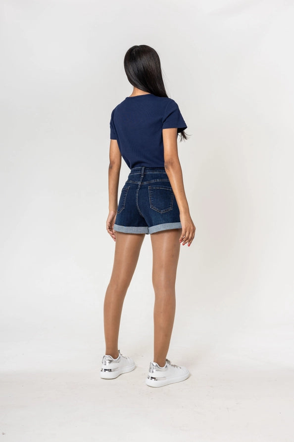 Calções Denim Essential Stretch cintura alta.