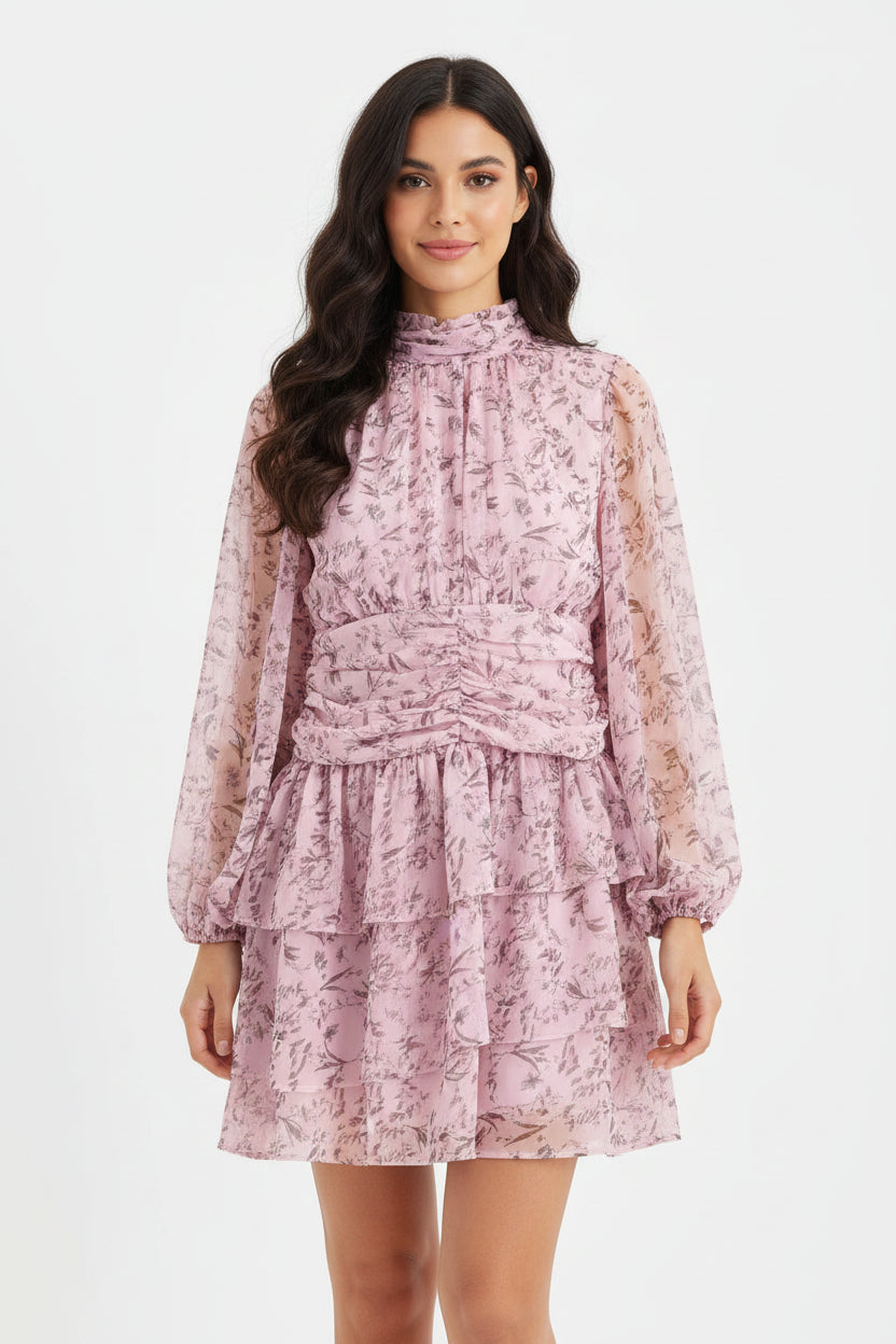 Vestido Curto Fluido Romântico com Estampa Floral e Gola Alta