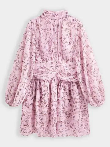 Vestido Curto Fluido Romântico com Estampa Floral e Gola Alta