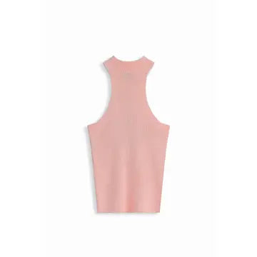 Top de Malha Canelada Rosa com Decote Halter e Fivela Metálica