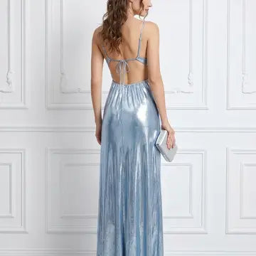 Vestido Longo Fluido com Brilho Acetinado