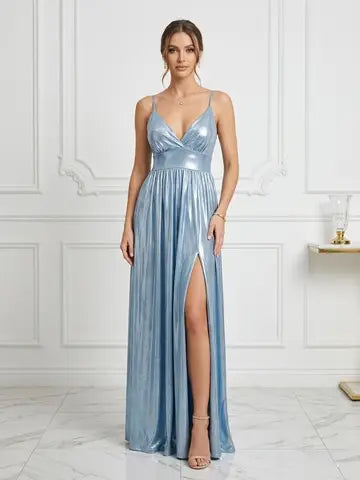 Vestido Longo Fluido com Brilho Acetinado