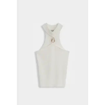 Top de Malha Canelada Rosa com Decote Halter e Fivela Metálica