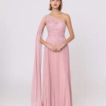 Vestido de Noite Assimétrico com Capa Fluida