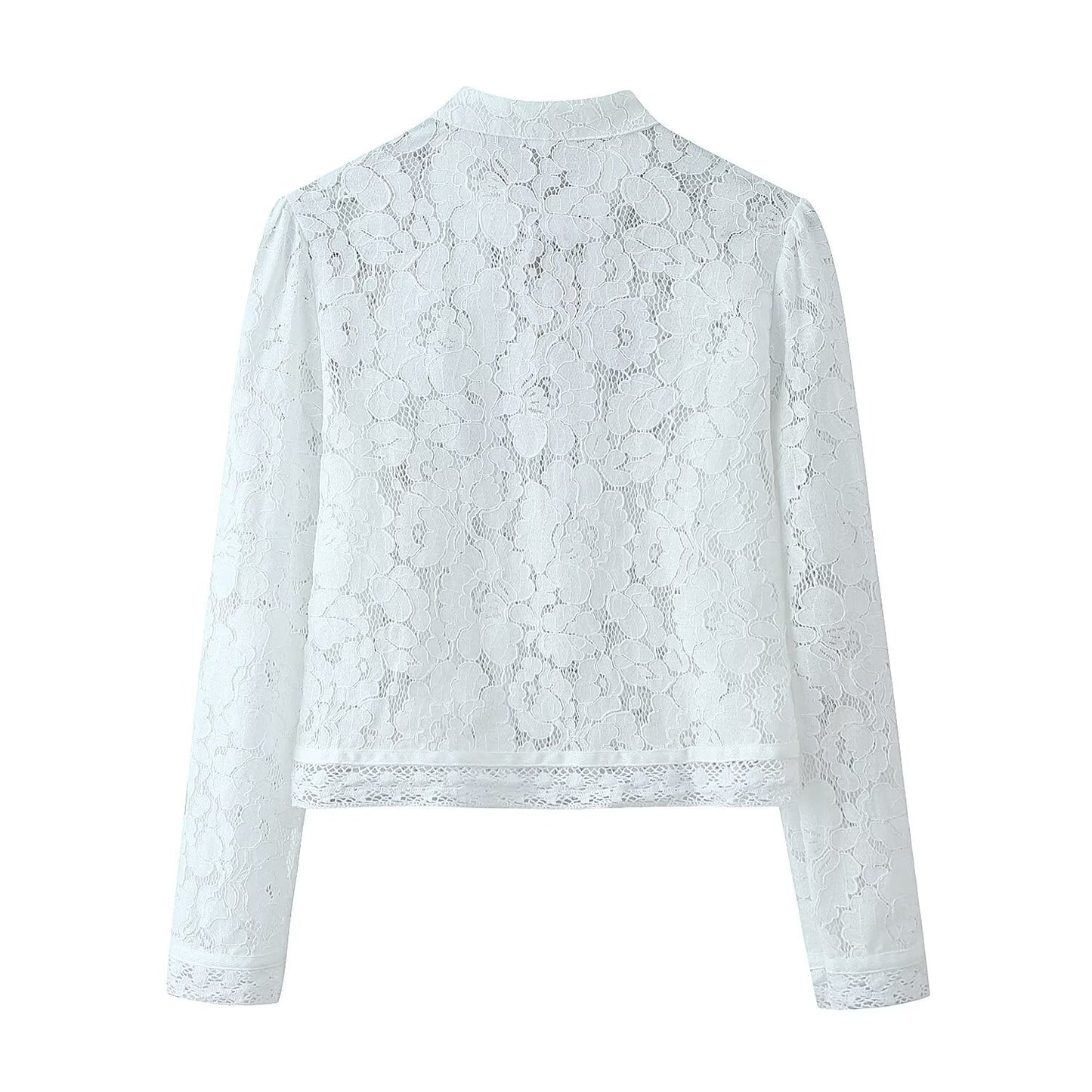 Camisa justa com gola alta em croché de renda, adornada com fivela