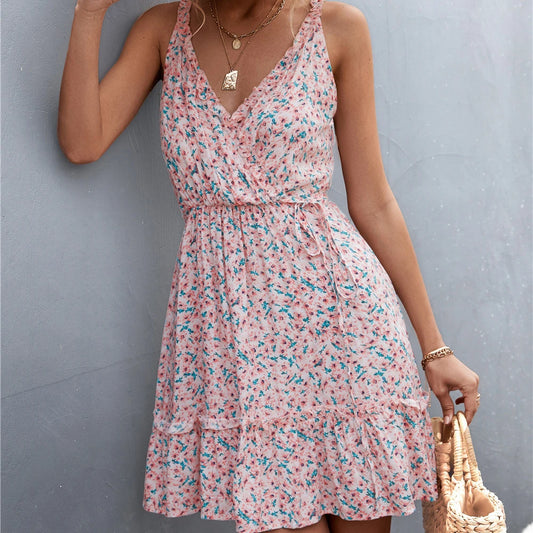 Summer Boho Floral Dress Women v Neck Ruffle Short