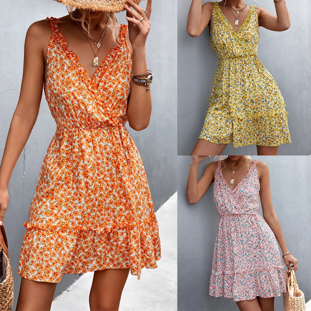 Summer Boho Floral Dress Women v Neck Ruffle Short