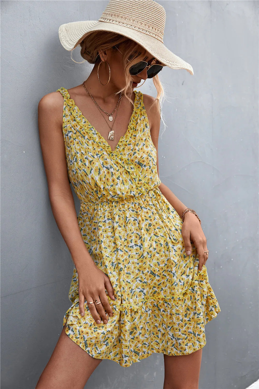 Summer Boho Floral Dress Women v Neck Ruffle Short