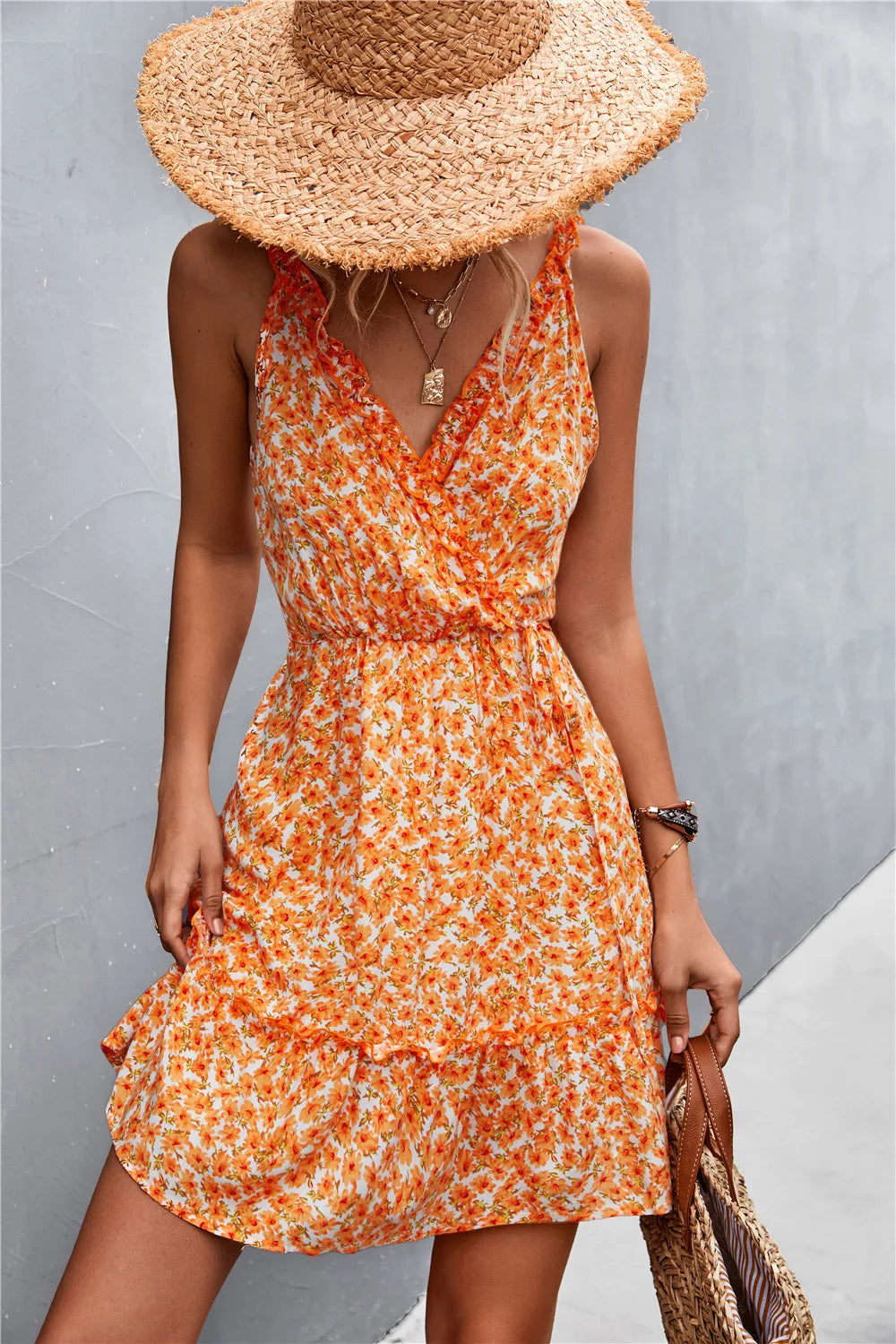 Summer Boho Floral Dress Women v Neck Ruffle Short