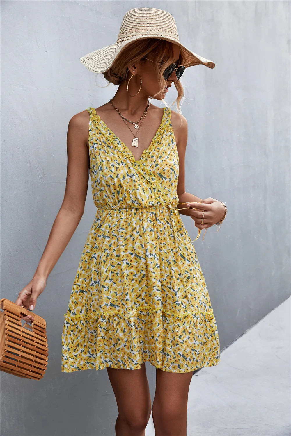 Summer Boho Floral Dress Women v Neck Ruffle Short