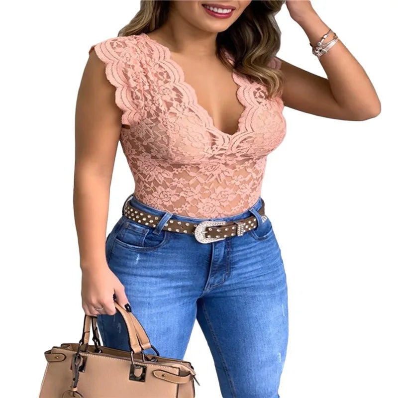 Camisa Clássica em Renda Floral de Manga Curta
