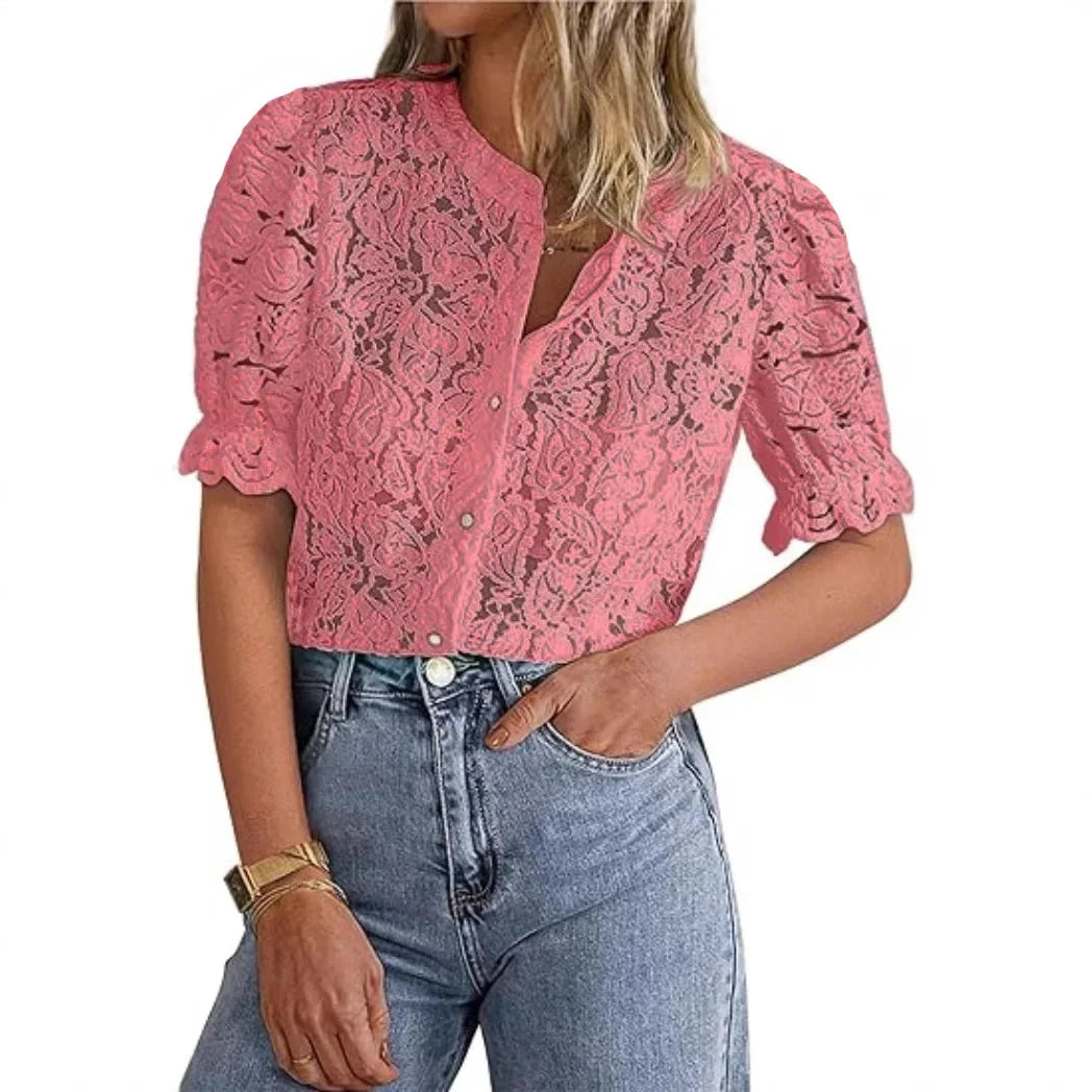 Camisa de Renda com Botões e Manga Balão