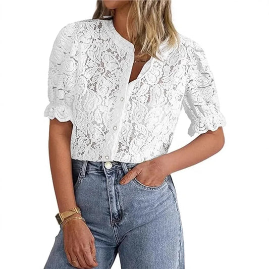Camisa de Renda com Botões e Manga Balão