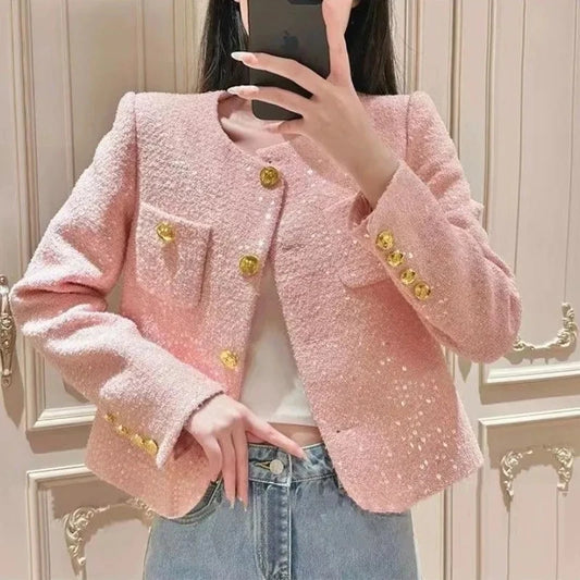 Casaco Curto em Tweed Premium com Botões Dourados