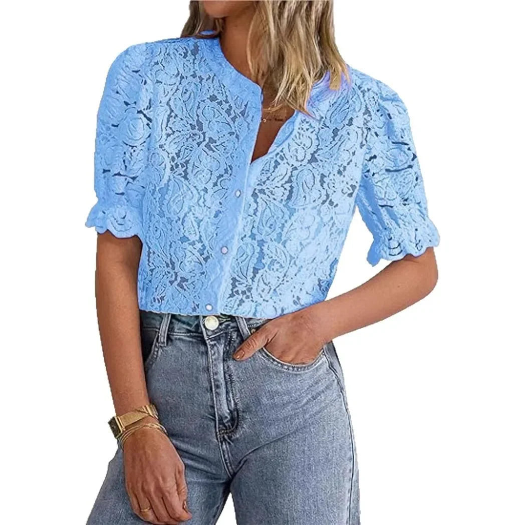 Camisa de Renda com Botões e Manga Balão