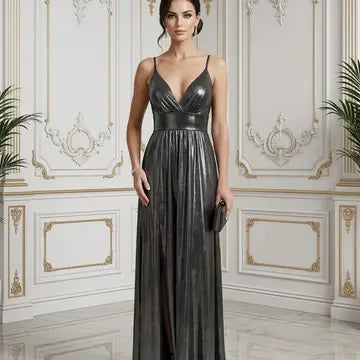 Vestido Longo Fluido com Brilho Acetinado