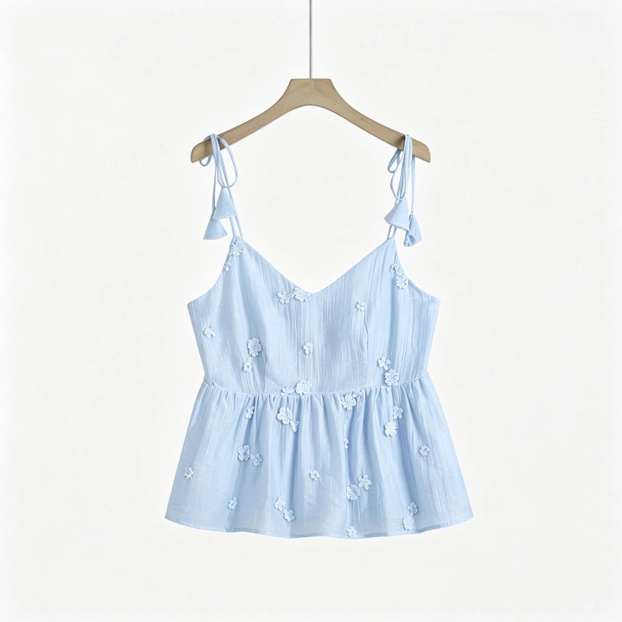 Top Bordado Floral com Alças de Tassel