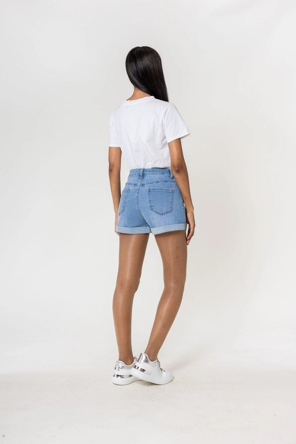 Calções Denim Essential Stretch cintura alta.