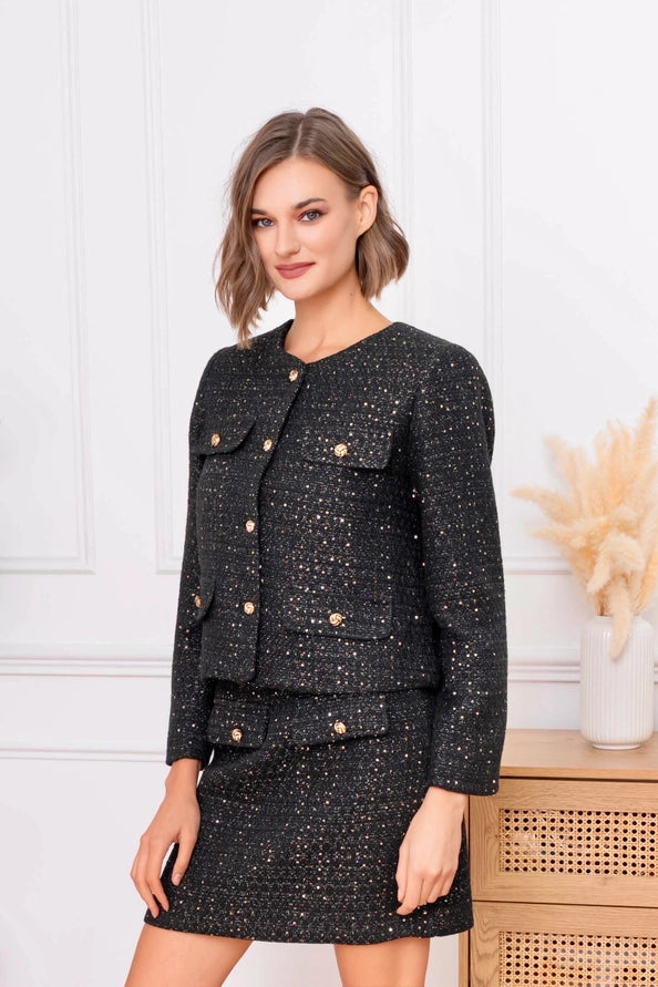 Casaco de Tweed de Inspiração Parisiense com Botões Esculpidos